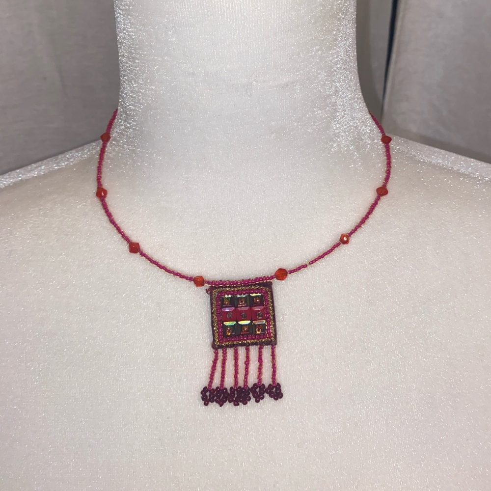 Handcrafted Red Beaded Fringe Pendant Choker